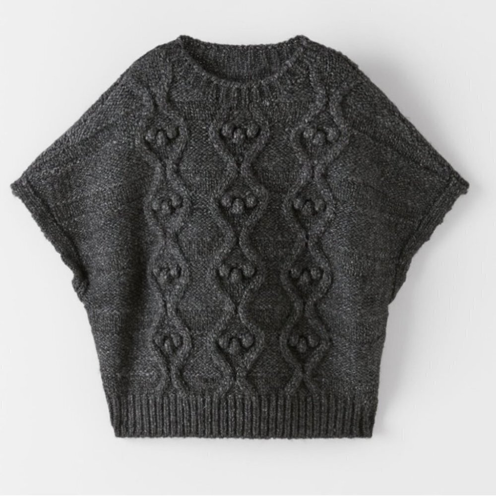 * Zara Girls Alpine Dark Grey Aran Knit Crew Neck Poncho Sweater Size 4-5